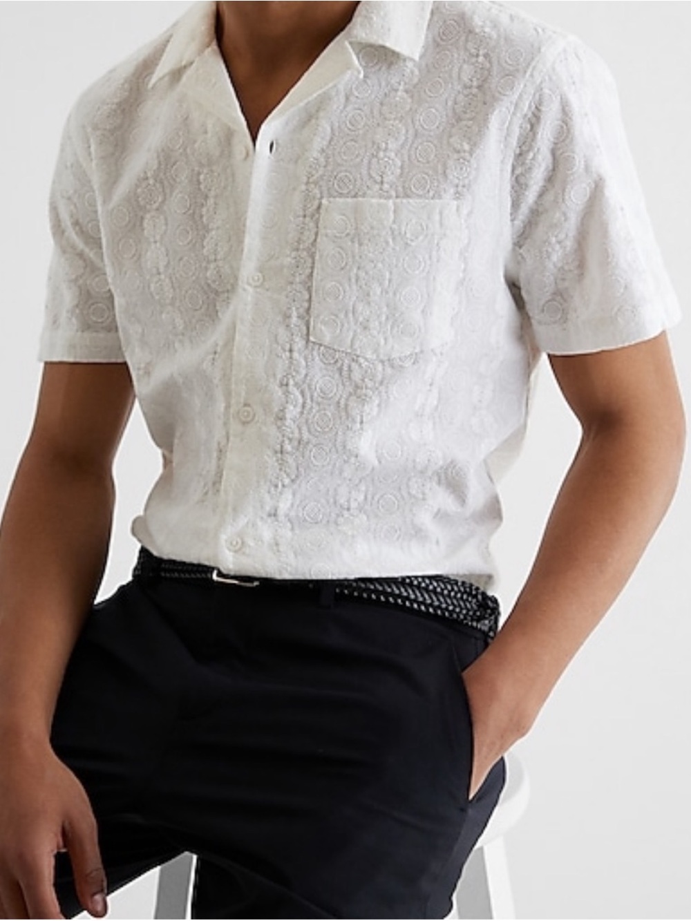 Express Men's White Short Sleeve Textured Button-Down Shirt